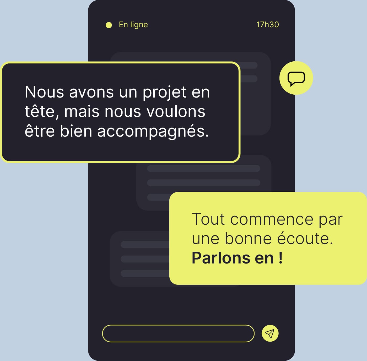Formulaire de contact Axsense avec illustration d’une conversation fictive sur un projet industriel : "Parlons-en !"